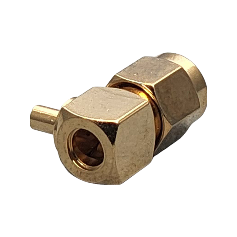 Reverse Polarity SMA Male Right Angle Connector Crimp Coax 1.13mm, 1.32mm, 1.37mm