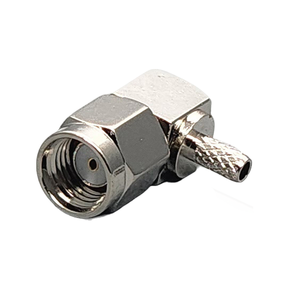 Reverse Polarity SMA Male Right Angle Connector Crimp Coax RG178, RG196, 0.8D-2V