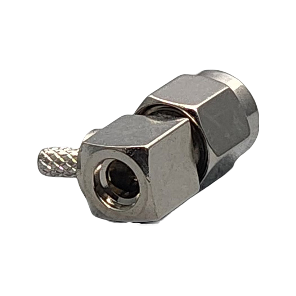 Reverse Polarity SMA Male Right Angle Connector Crimp Coax RG178, RG196, 0.8D-2V