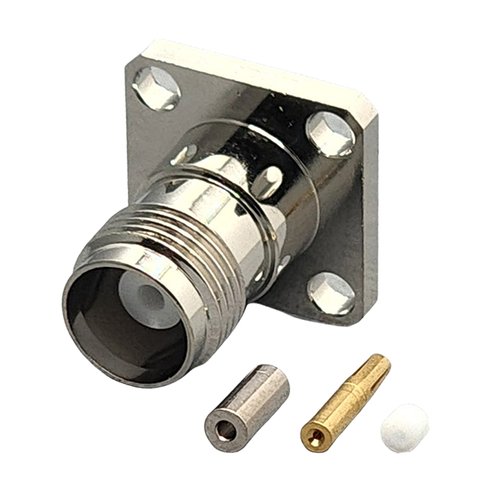 TNC Female Panel Mount 4-hole Connector Crimp Coax 1.13mm, 1.32mm, 1.37mm