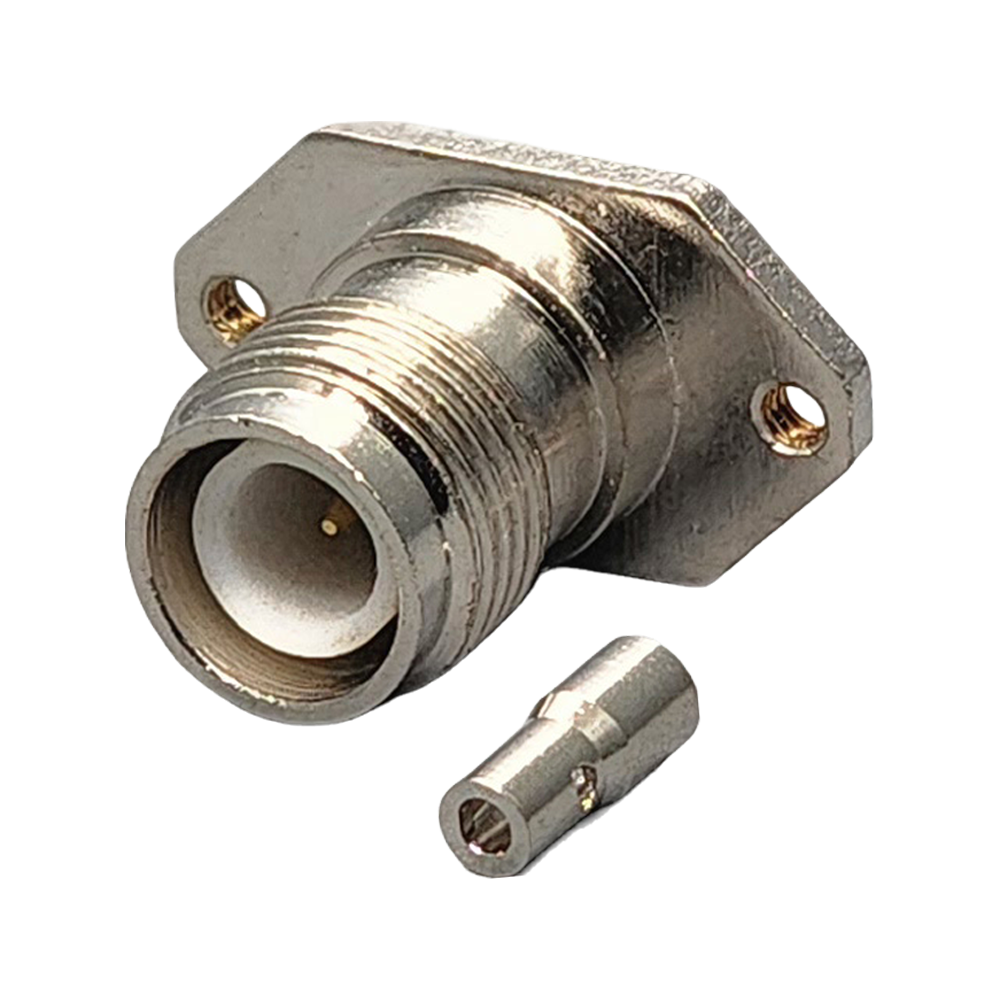 Reverse Polarity TNC Female Panel Mount 4-hole Connector Crimp Coax 1.13mm, 1.32mm, 1.37mm